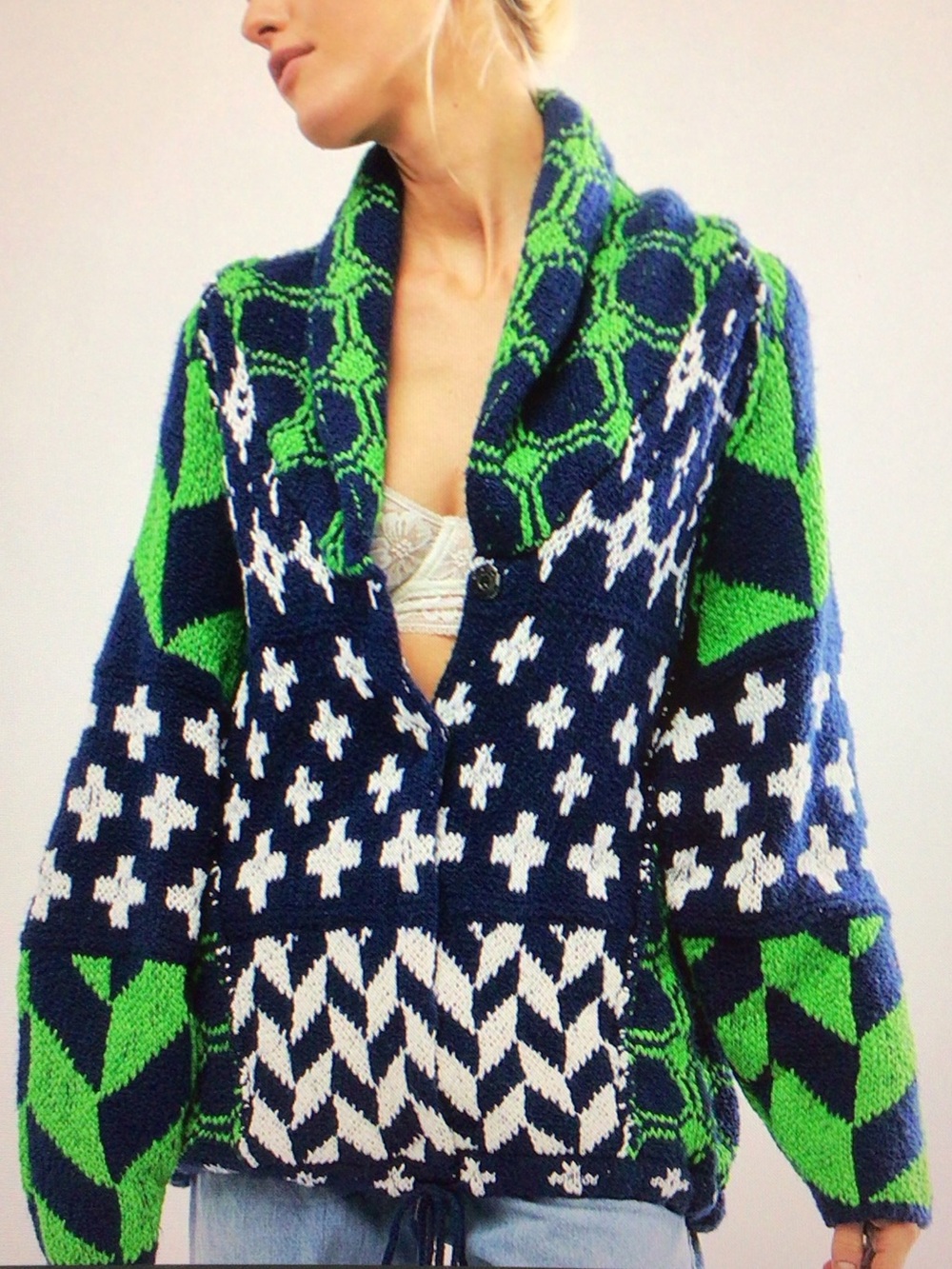 Chunky Shawl Collar Sweater Cardigan - Navy, Green & White